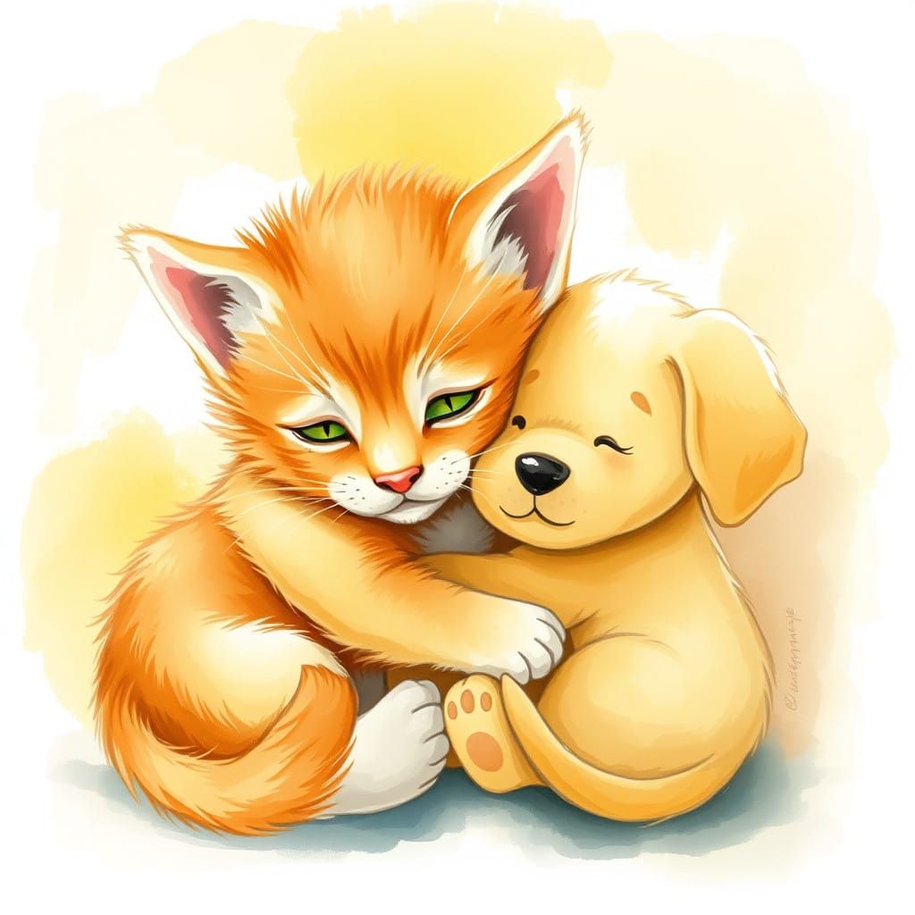 Whimsical Kitten and Puppy Cuddle in Watercolor Wonderland