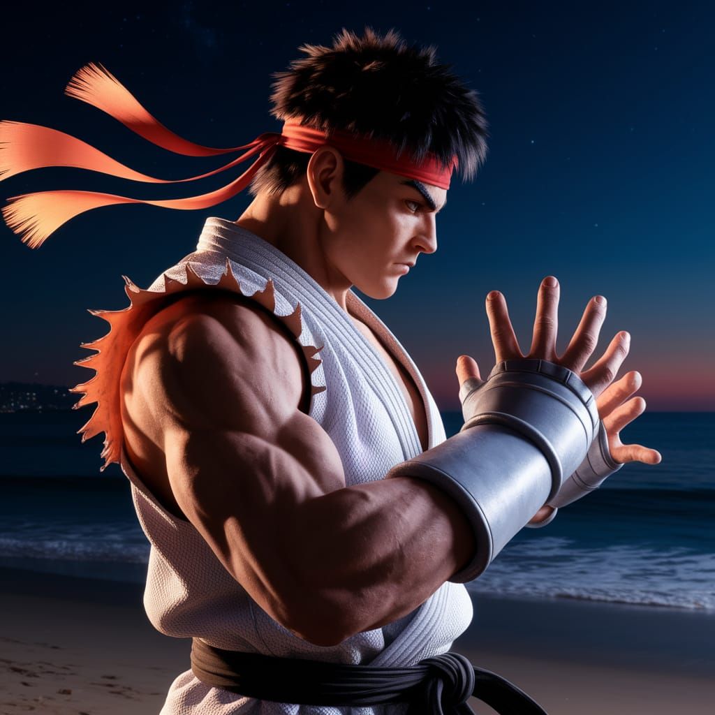 Ryu Prepares Hadouken on Night Beach in 8K