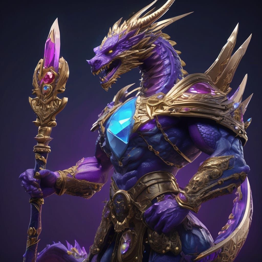 Amethyst Dragon King with Trident, Fantasy Art
