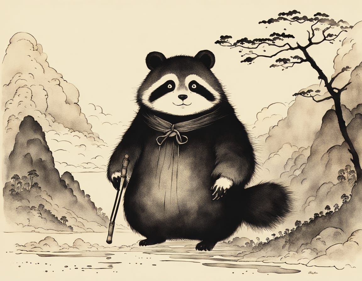 Adorable Tanuki in Japanese Sumi-e Style