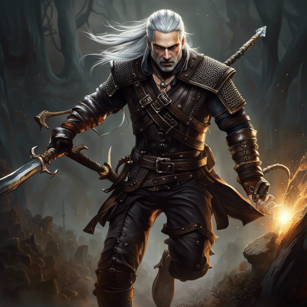 Steampunk Witcher Geralt with Golden Scimitar
