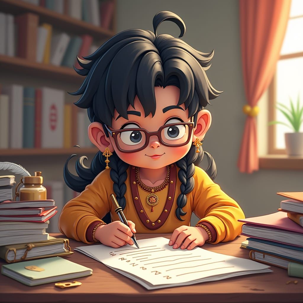 Cute Indian God Working, Cartoon Anime Style