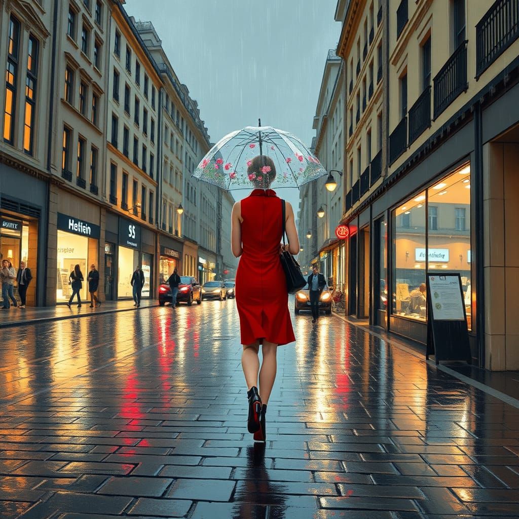 Rainy Day Shopping in a Busy City Street
