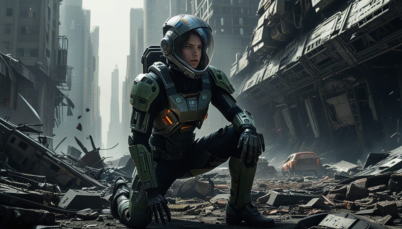 Astronaut in Dystopian Cityscape with Plasma Rifle