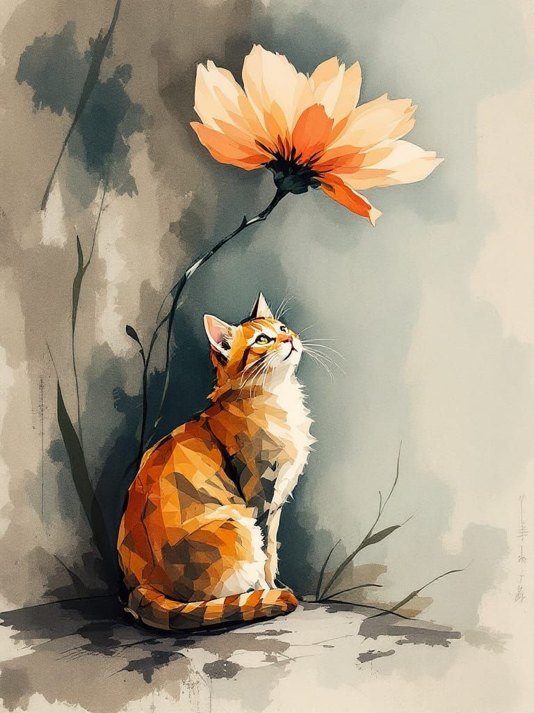 Cat and Flower Under Vast Sky in Pissarro-Cézanne Sumi-e Sty...