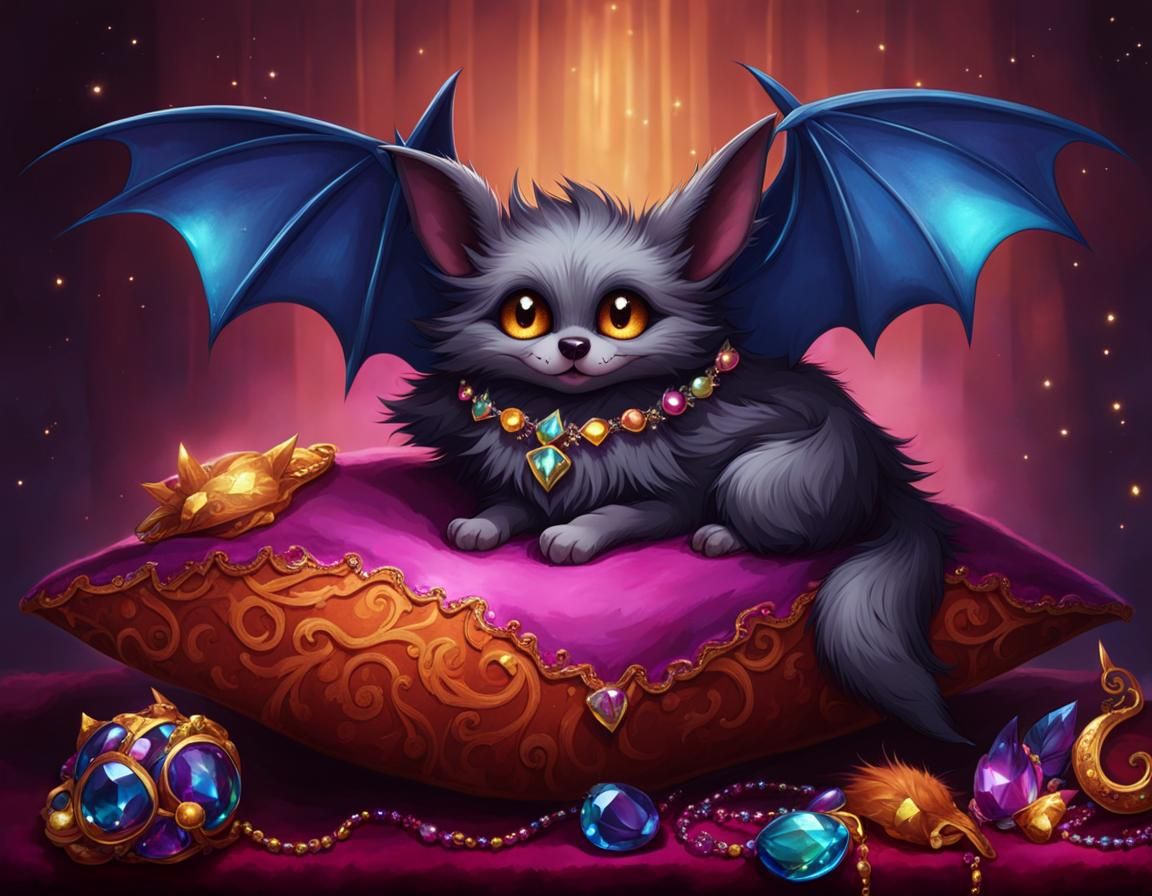 Colorful Winged Creature Sleeping on Jeweled Pillow