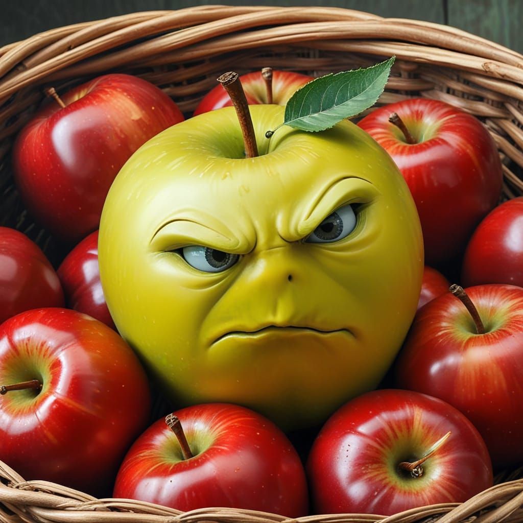 Angry Green Apple in a Basket of Red Apples
