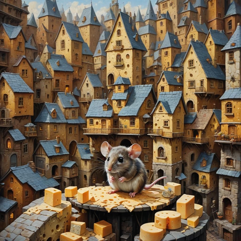Mouse Living in Cheese City, Oil Painting