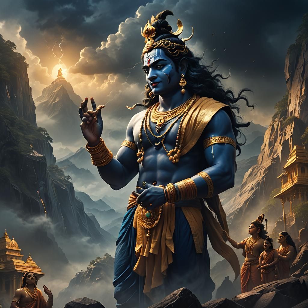 Krishna Shelters People from Storm in Digital Art