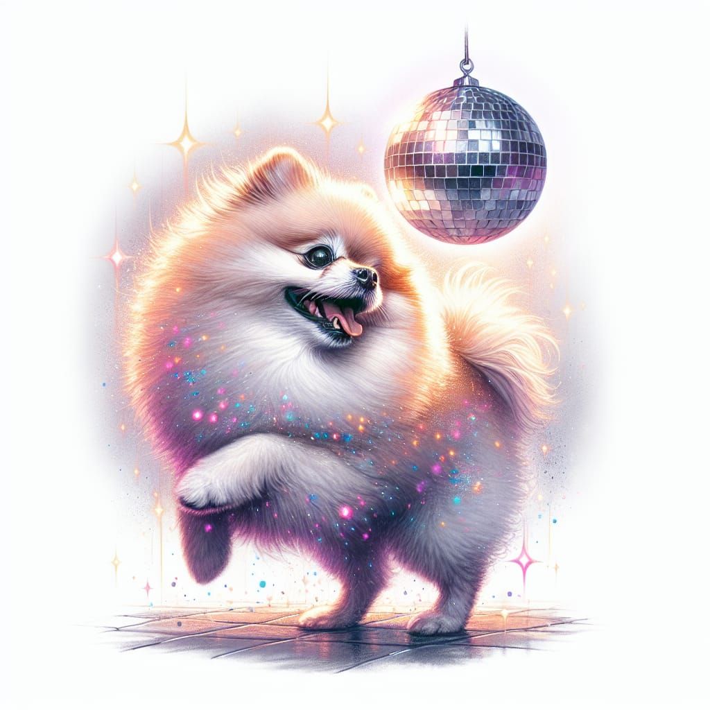 Joyful Pomeranian Dances Under a Glittering Disco Ball