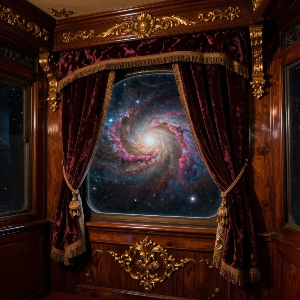 Ornate Train Carriage Interior with Cosmic View