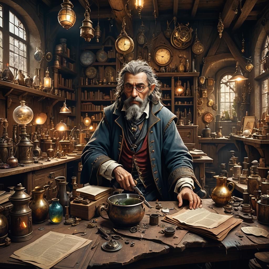 Hipster Alchemist in Medieval Office, Fantasycore Artwork