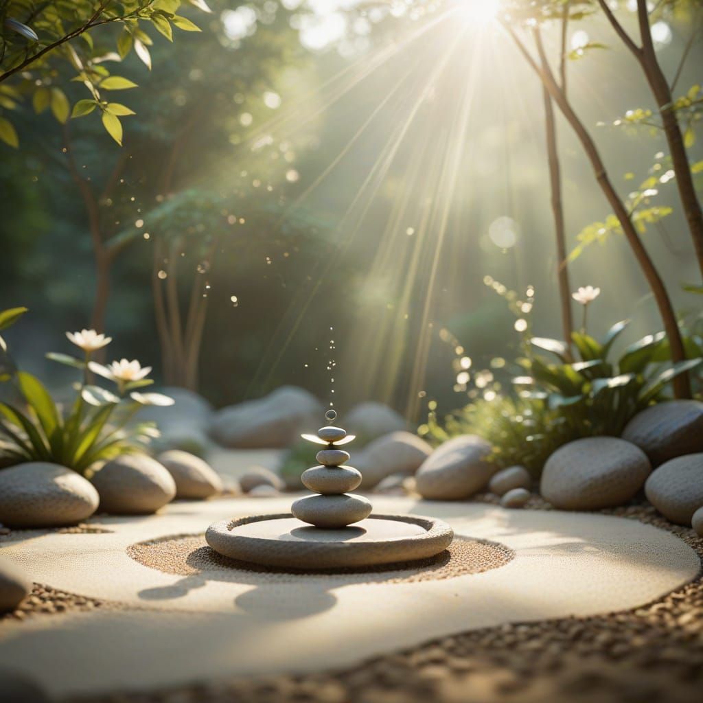 Serene Zen Garden with Abstract Symbols in Soft Light