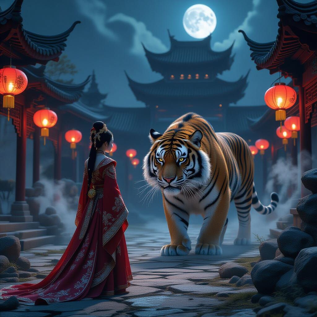 Chinese Princess and Tiger in Moonlit Courtyard