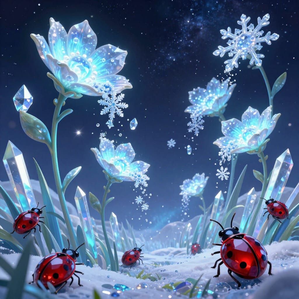 Alien Flora Consuming Snowflakes in Cosmic Sky