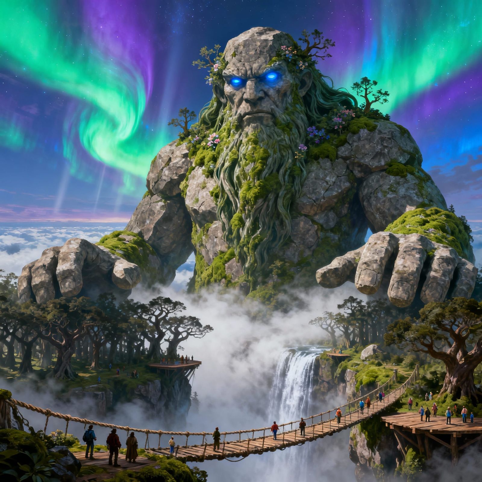Colossal Stone Giant Amidst Aurora Borealis