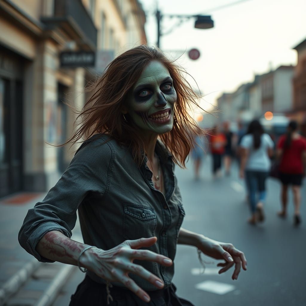 Dancing Zombie Woman Portrait in Street