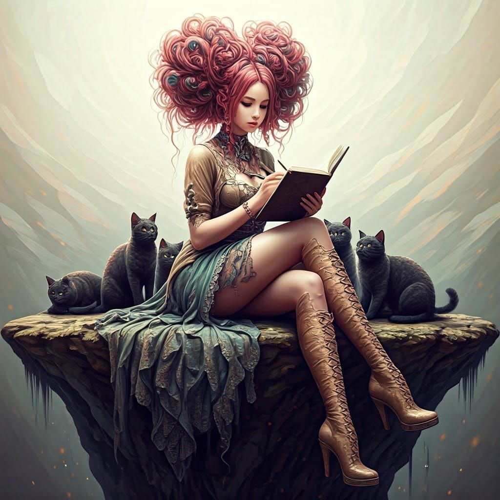 Gorgeous Young Woman Seated on Cliffside in Whimsical Landsc...