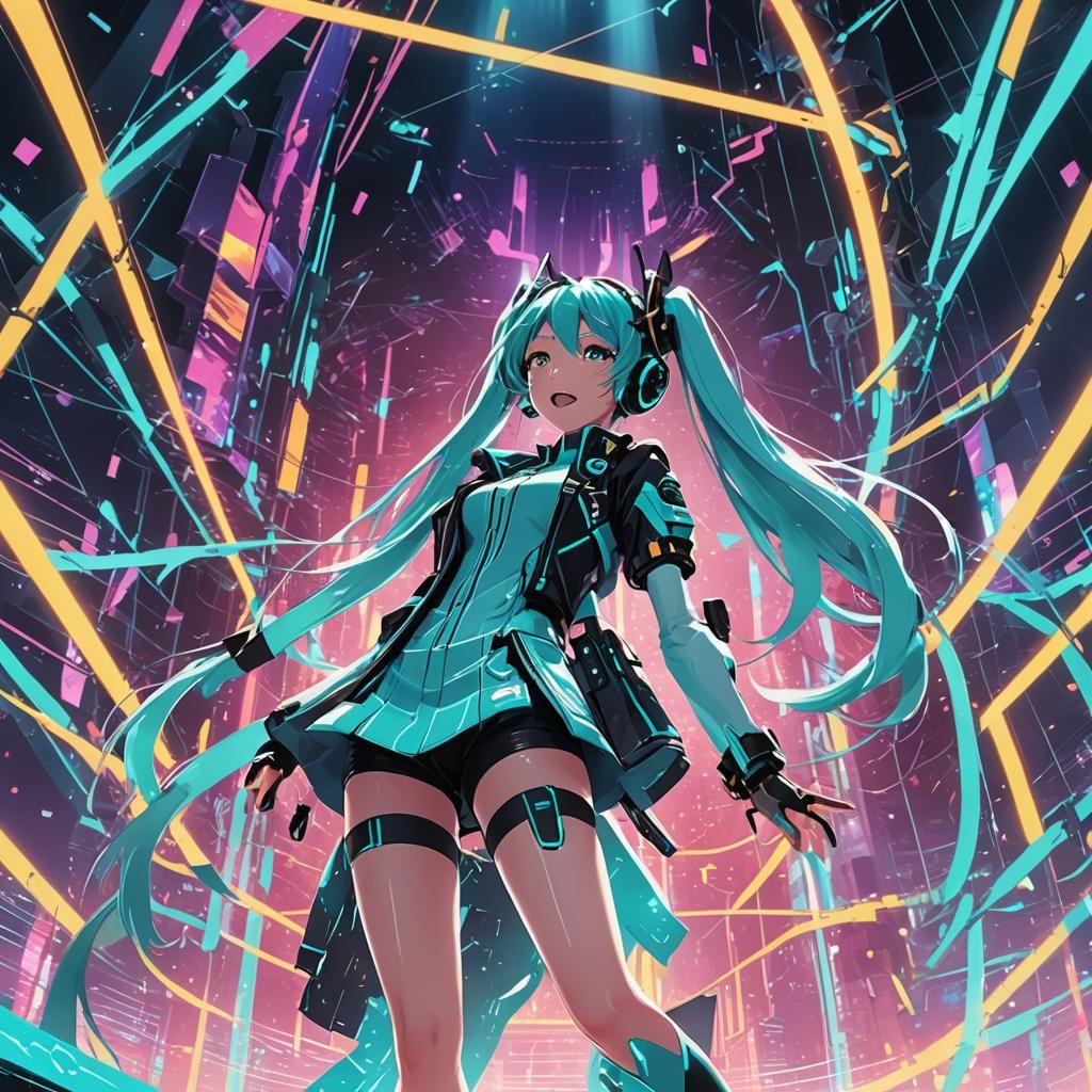 Hatsune Miku Singing on Futuristic Stage in Anime Style