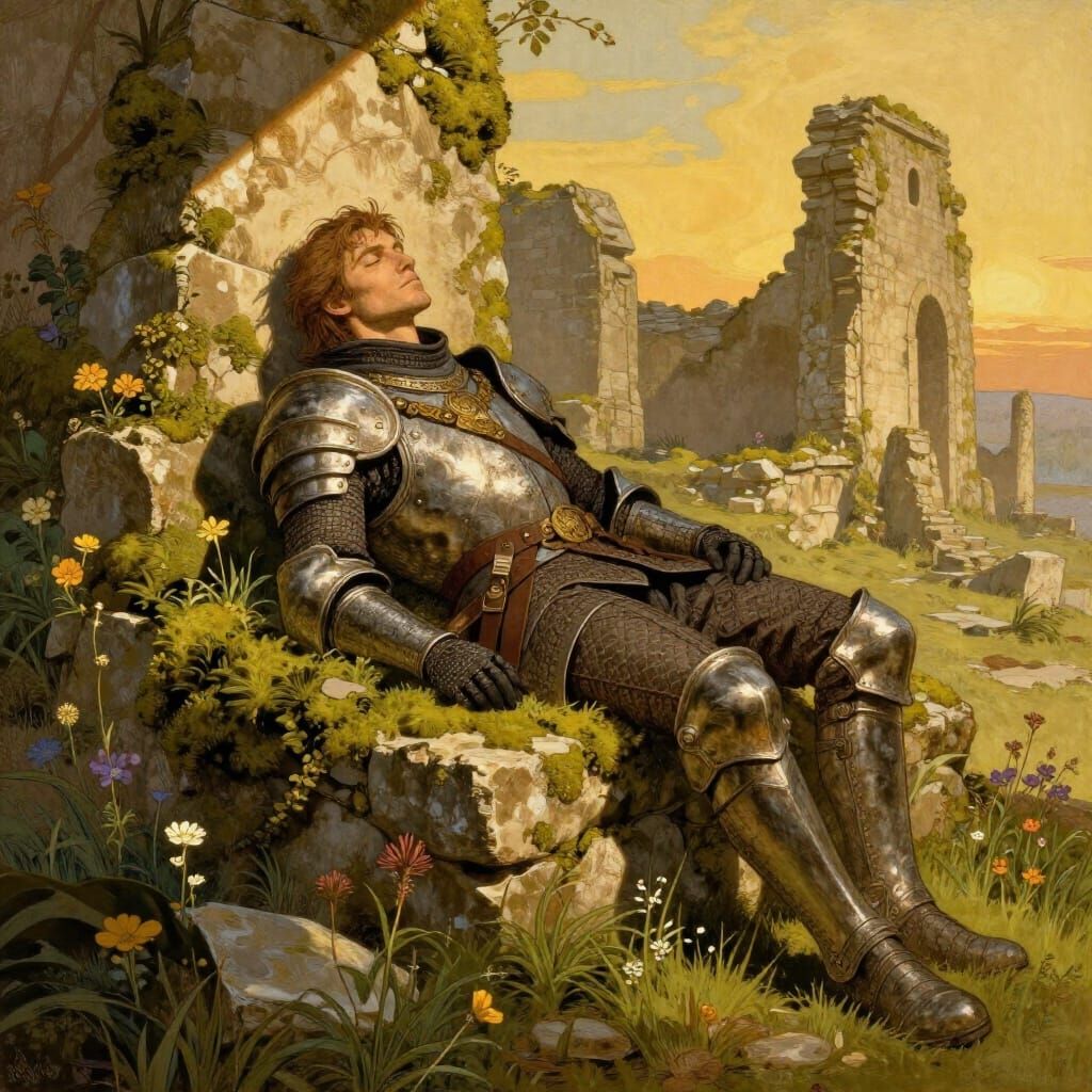 Dragonborn Knight Rests in Sunlit Ruins