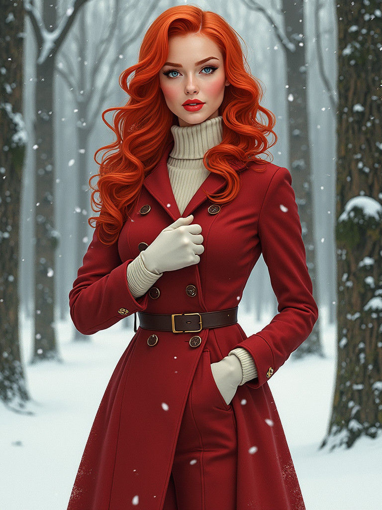 Redhead in Crimson Coat in Snowy Forest, Art Nouveau