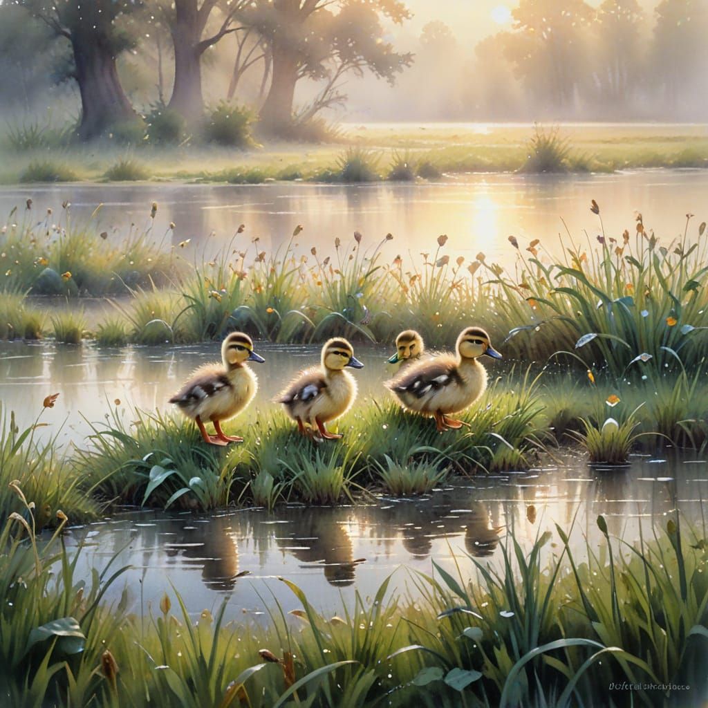 Ducklings in Dewy Meadow at Dawn Watercolor Painting