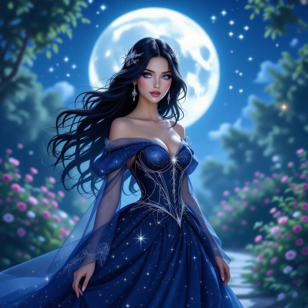 Princess with Starry Eyes in Moonlit Garden