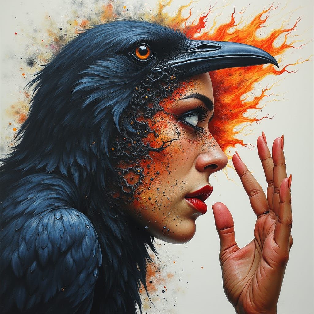 Surreal Mixed Media: Filipino Face Merging with Raven