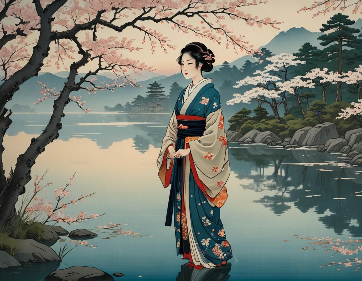 Geisha at Lakeside in Ukiyo-e Style