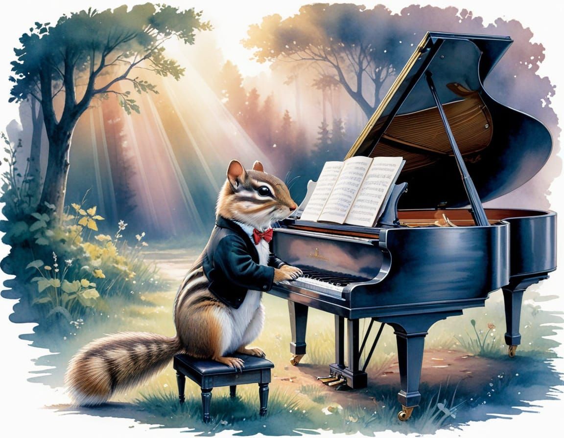 Chipmunk Pianist in Forest Clearing: Watercolor Art
