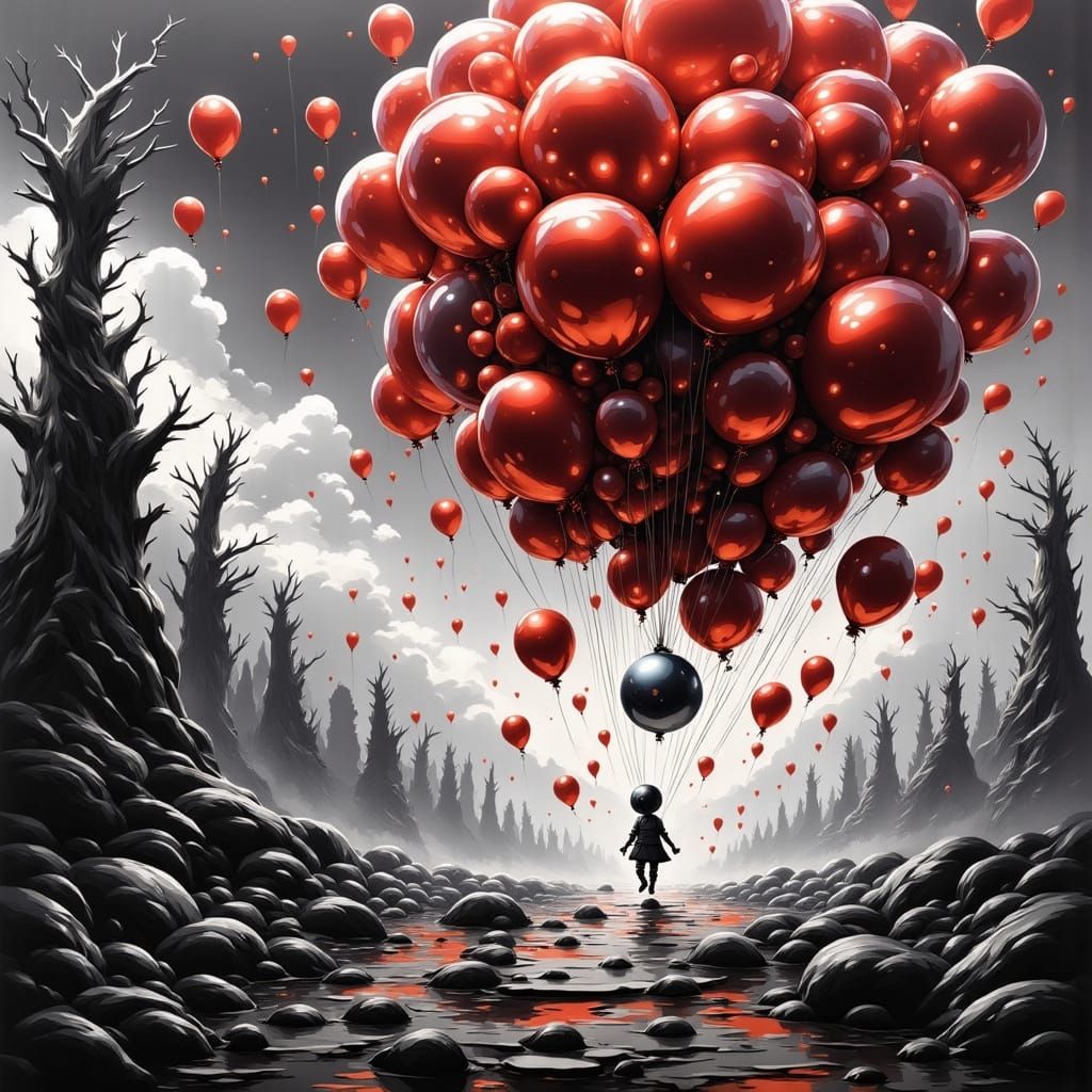 Surreal Monochromatic Landscape with Crimson Balloons