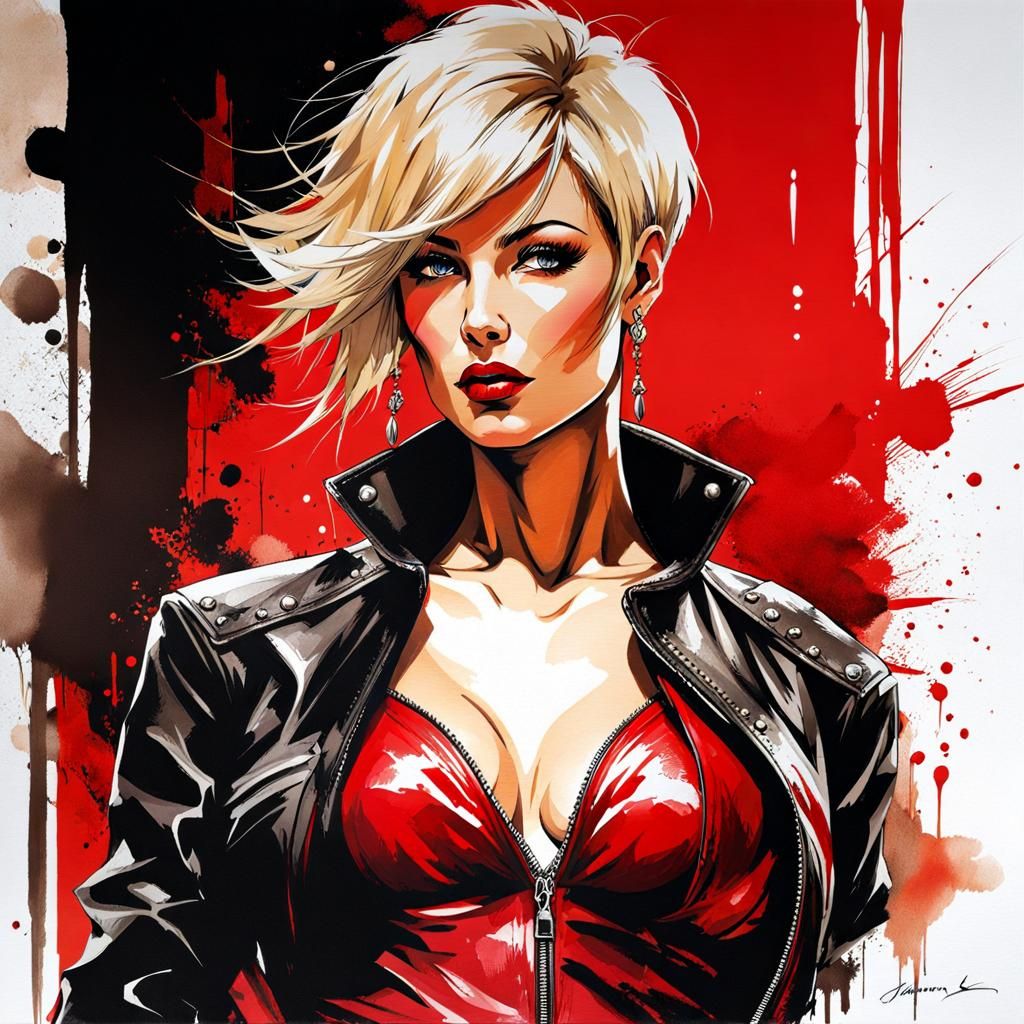 Italian Woman in Red Lingerie, Ink Art