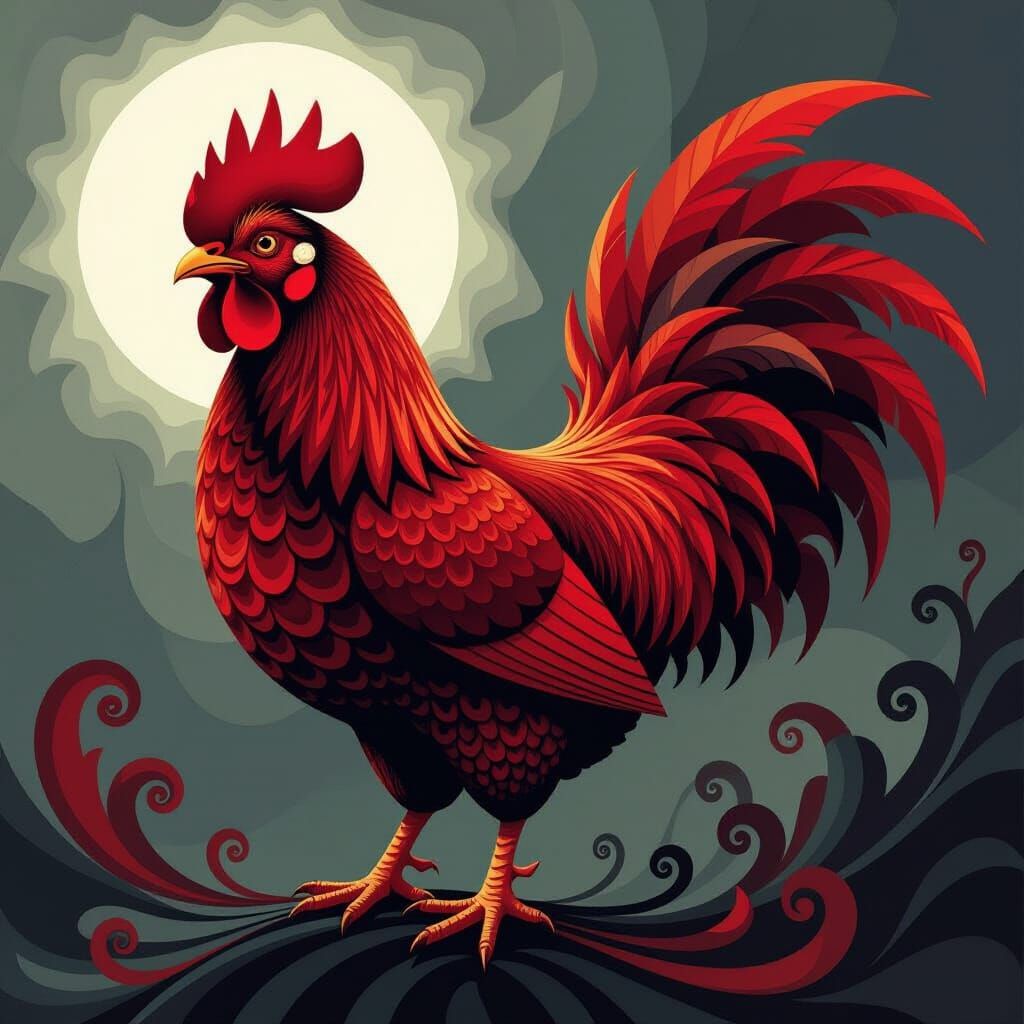Blood Red Abstract Chicken in Fractal Vector Style