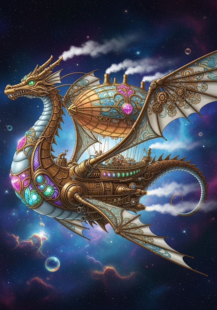 Dragon Airship Soaring Through Nebula in Steampunk Style