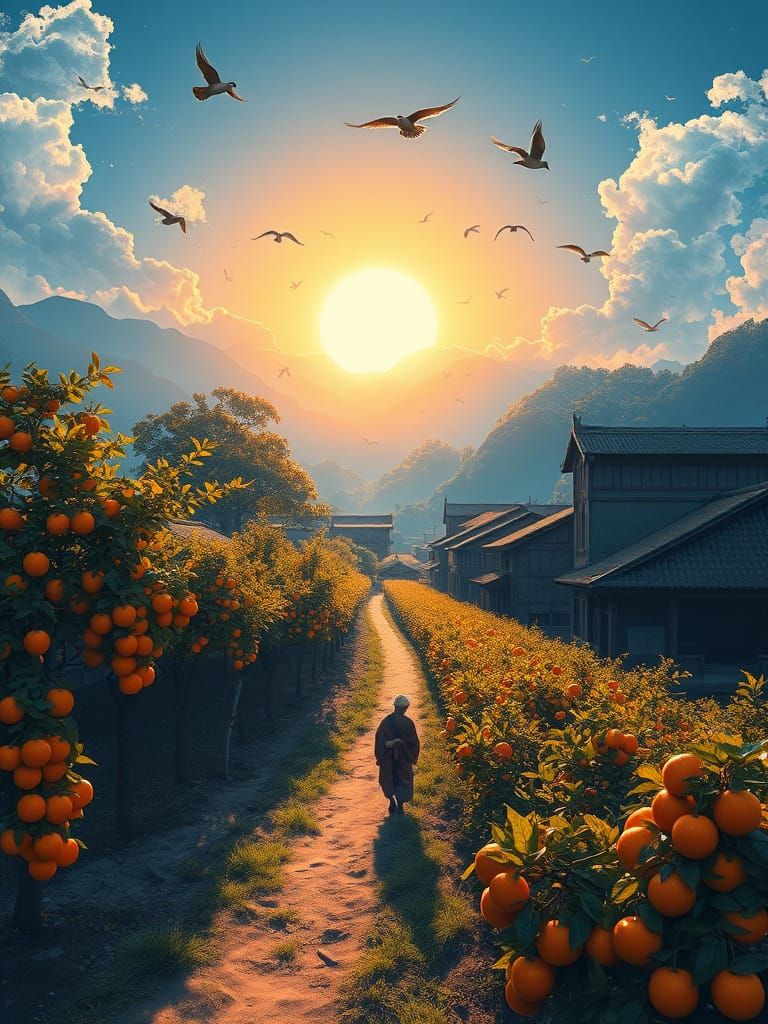 Serene Sumi-e Village at Dawn