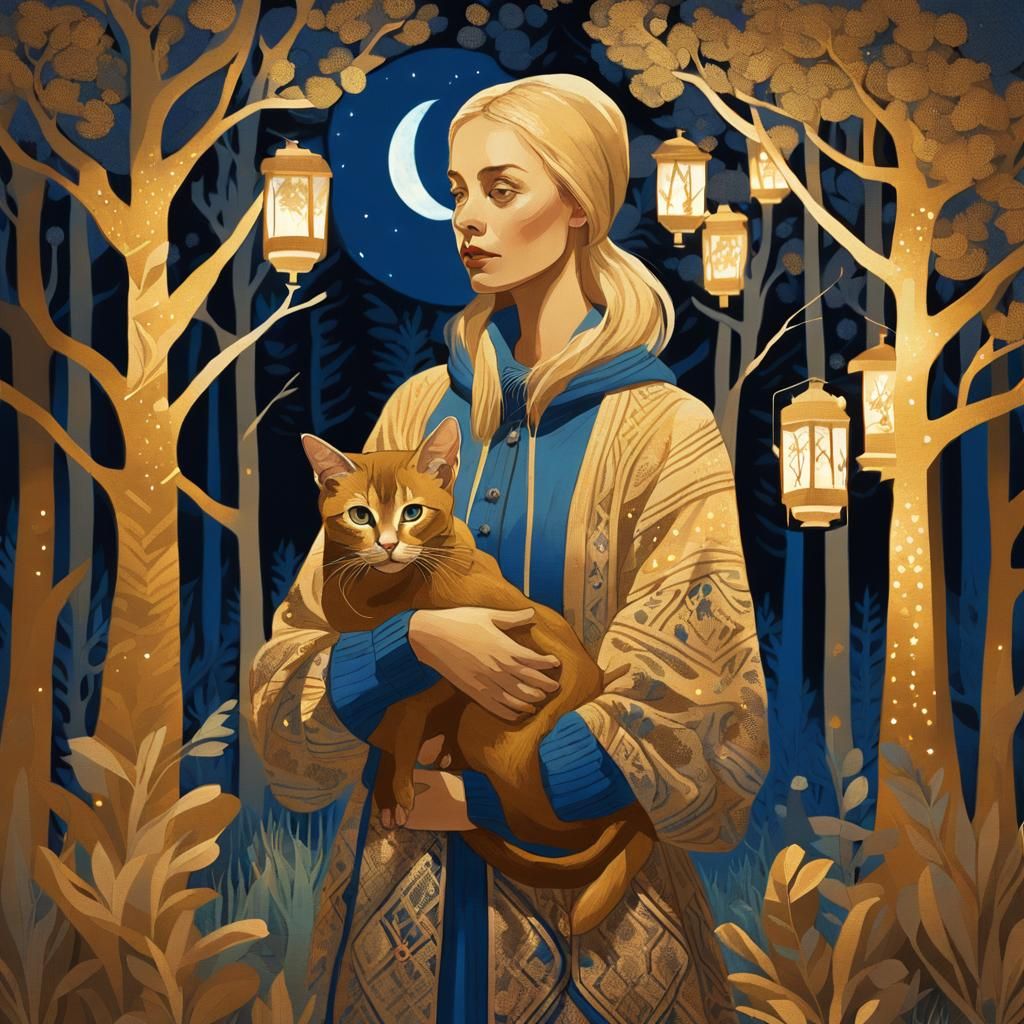 Enchanting Forest Scene with Woman and Cat in Art Nouveau St...