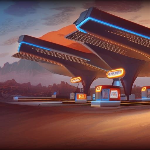 Retro Gas Station on Mars: Detailed Matte Painting
