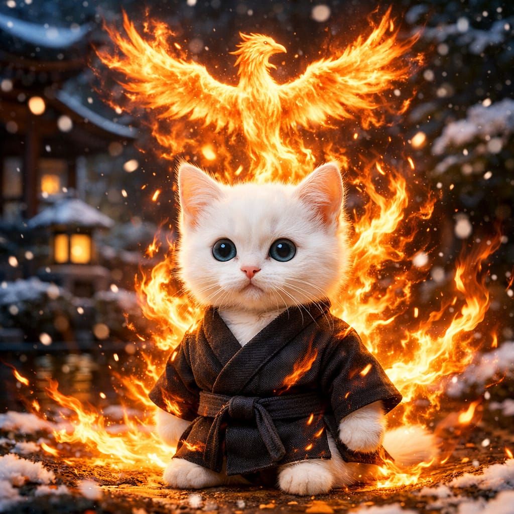 Cute Kitten in Martial Arts Robe with Phoenix Flames