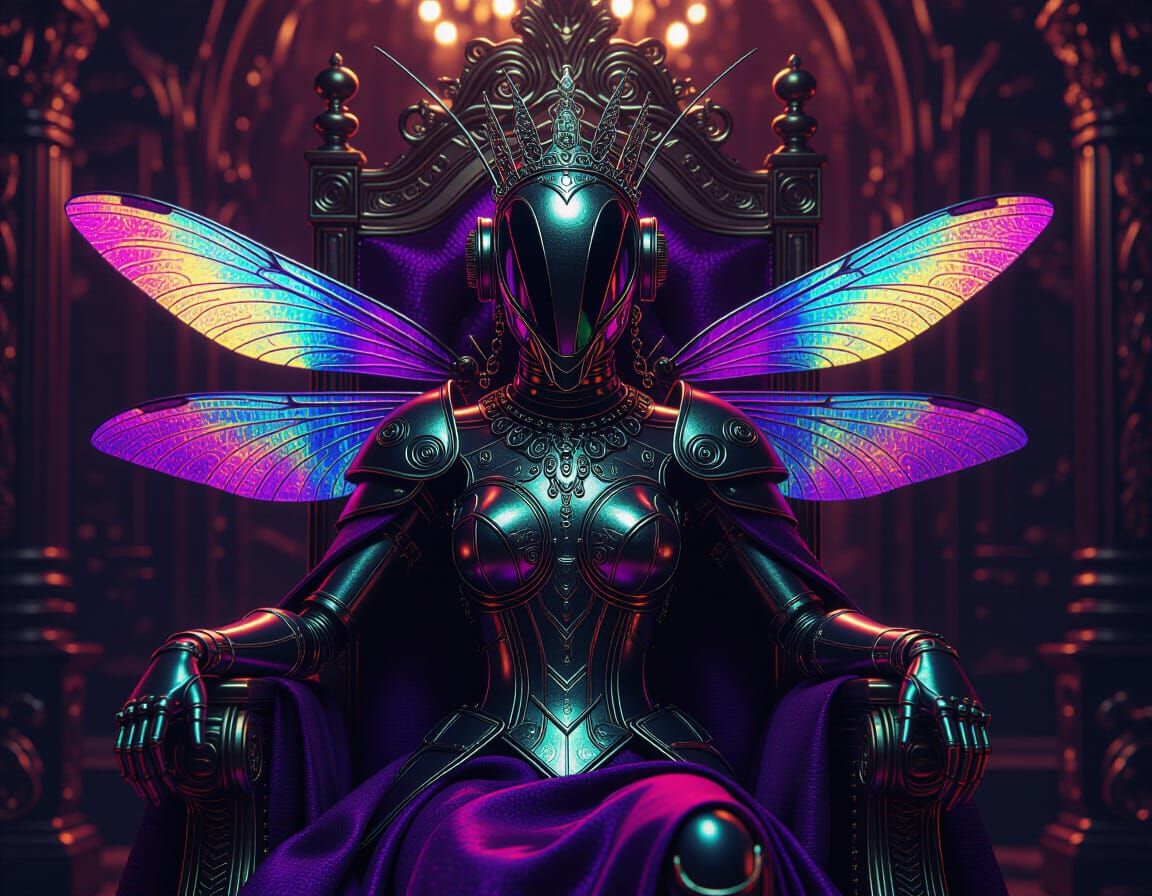 Rainbow Insect Queen Robot on Throne in Dark Fantasy Style