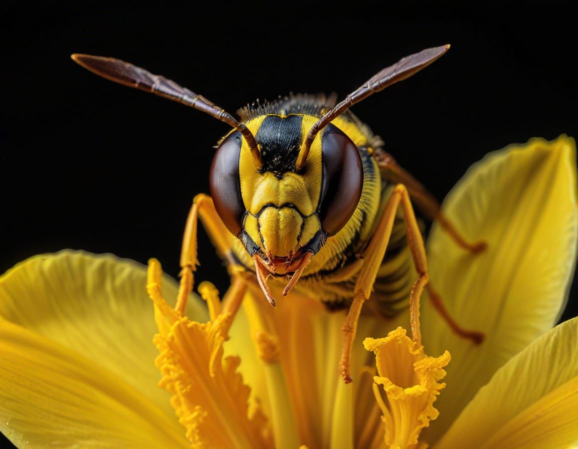 Wasp Face Close-Up on Daffodil Petal