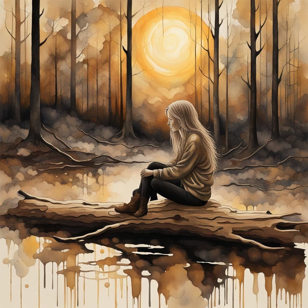 beautiful atmospheric haze, abstract distraught female sitting on a large log, woodland, halo backlit, speckled chaos, d...