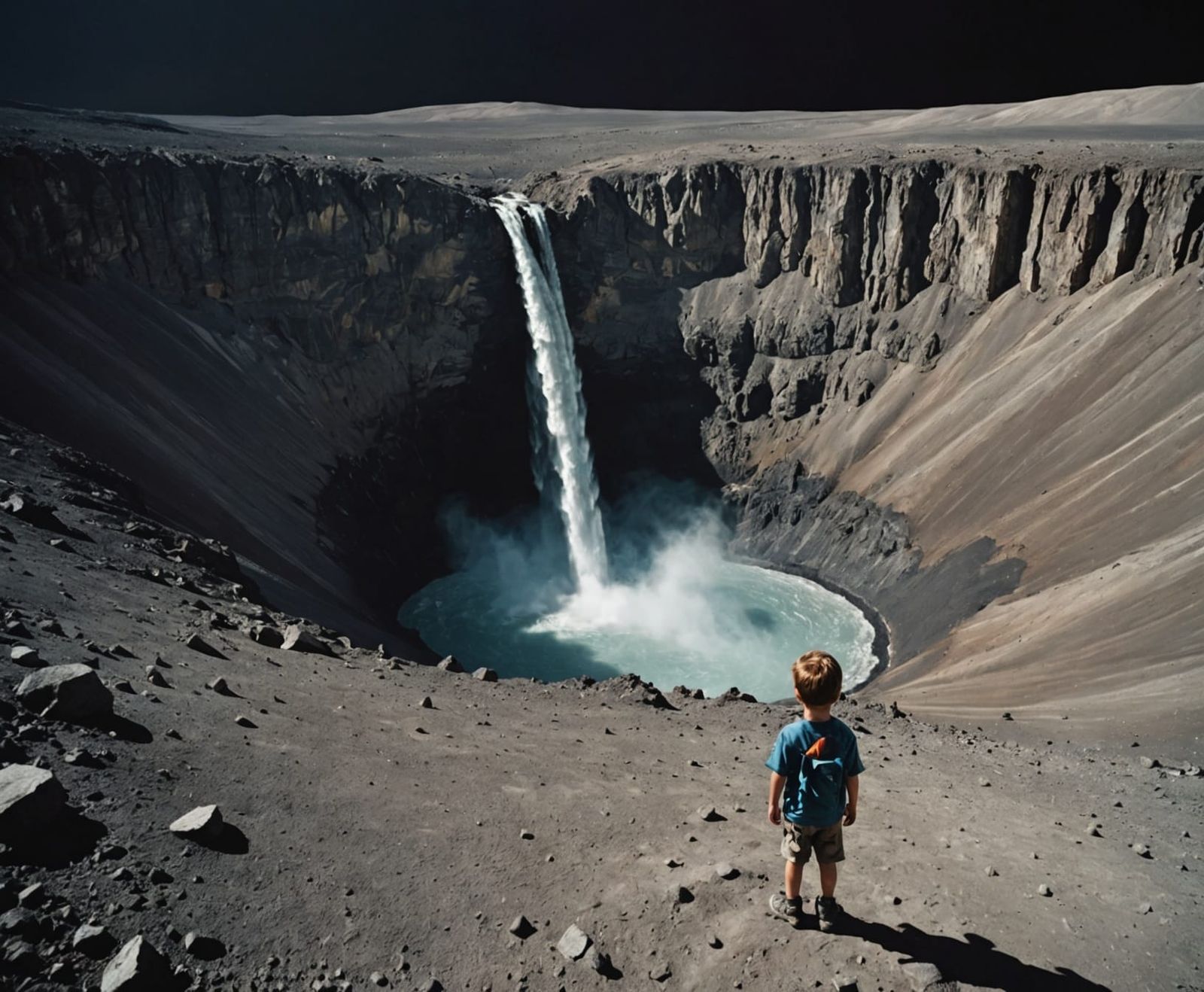 Lunar Crater Waterfall with Child