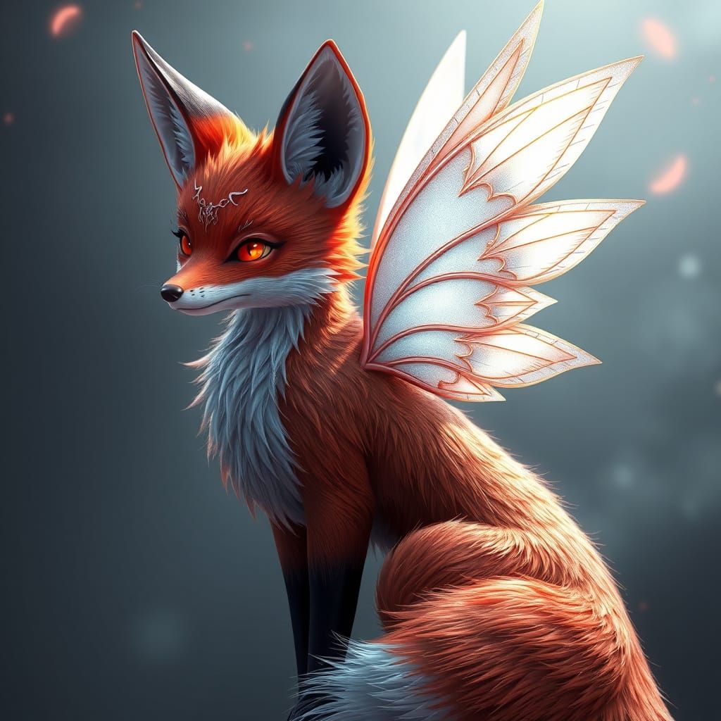 Ethereal Red Fox with Delicate Silver Fairy Wings