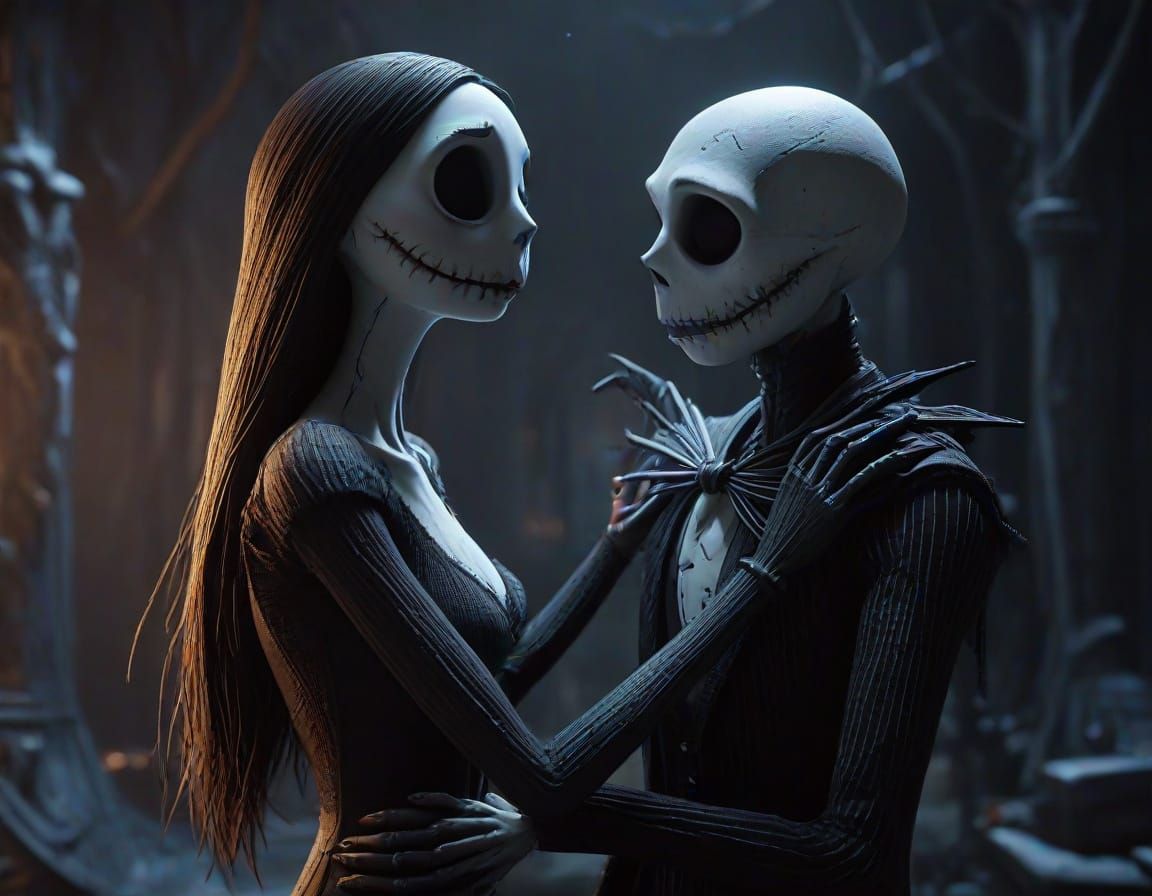 Surreal Dark Fantasy Couple Embracing in Eternal Night