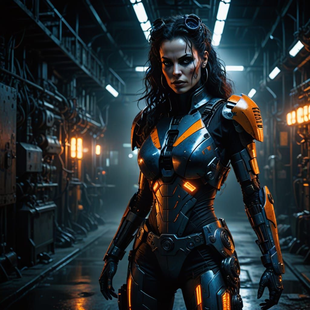 Cyberpunk Warrior in Dark Industrial Haze