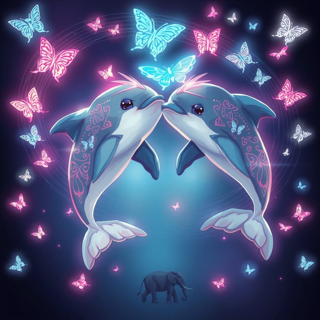 Anime Dolphins with Holographic Butterflies in 8K