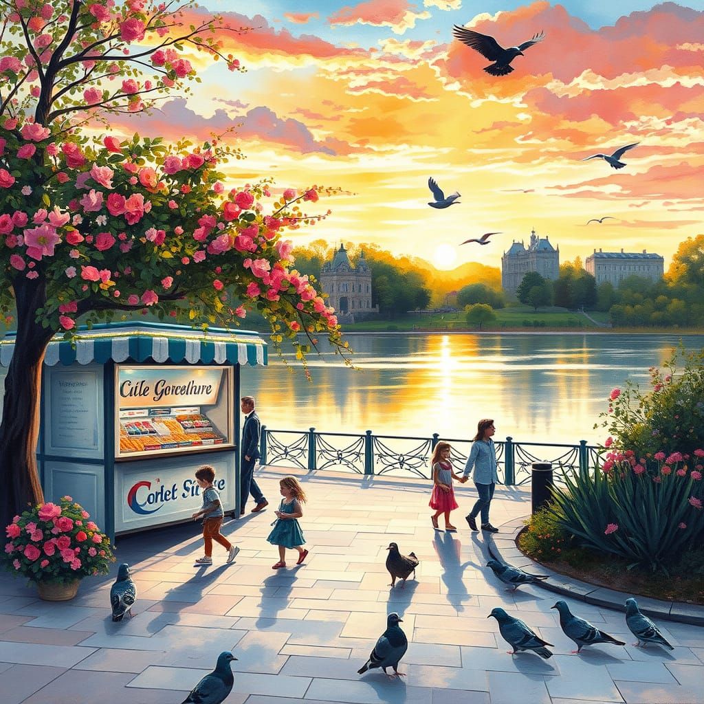 Sunset Park Scene with Ice Cream Stand and Happy Family