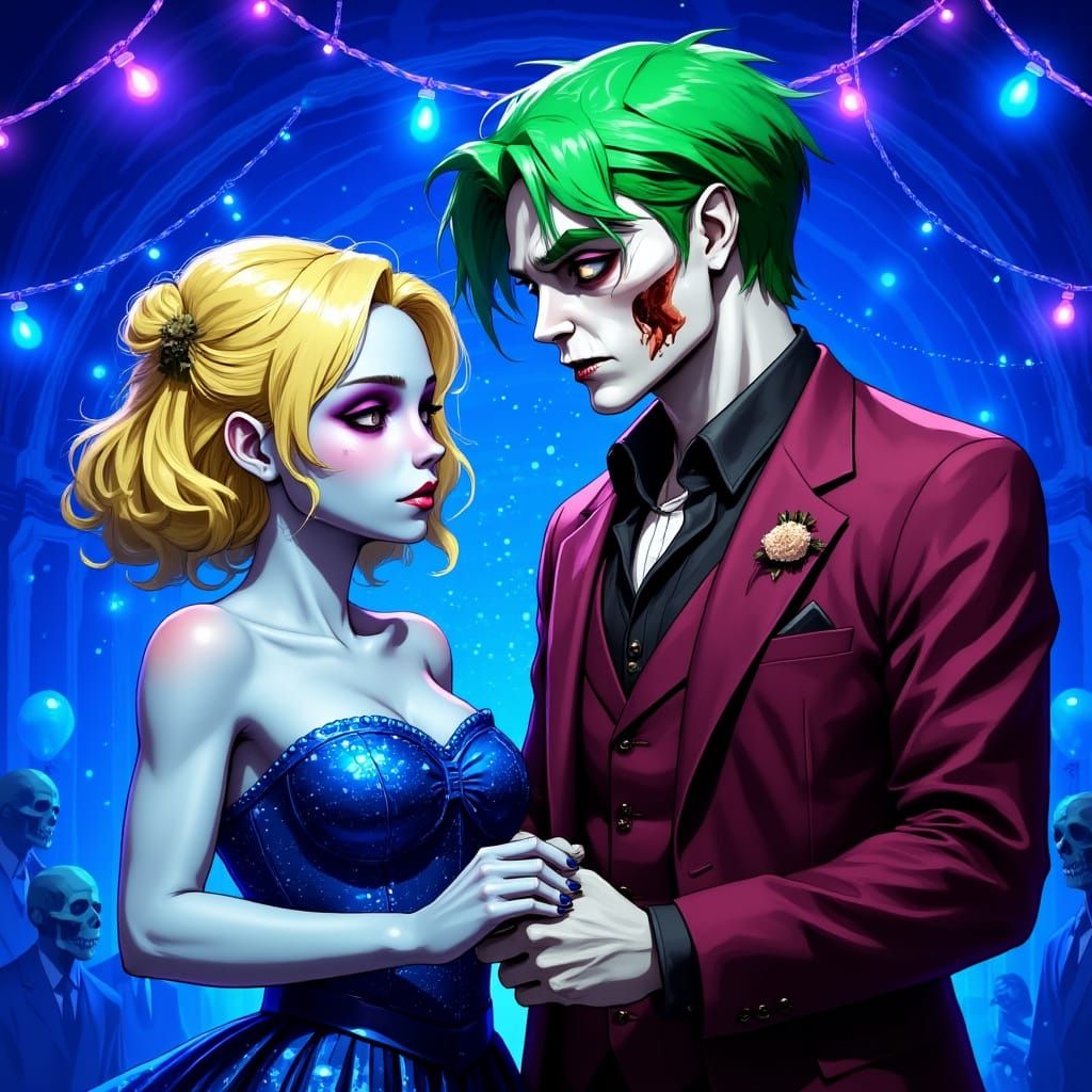 Zombie Couple's Romantic Embrace in Shimmering Lights