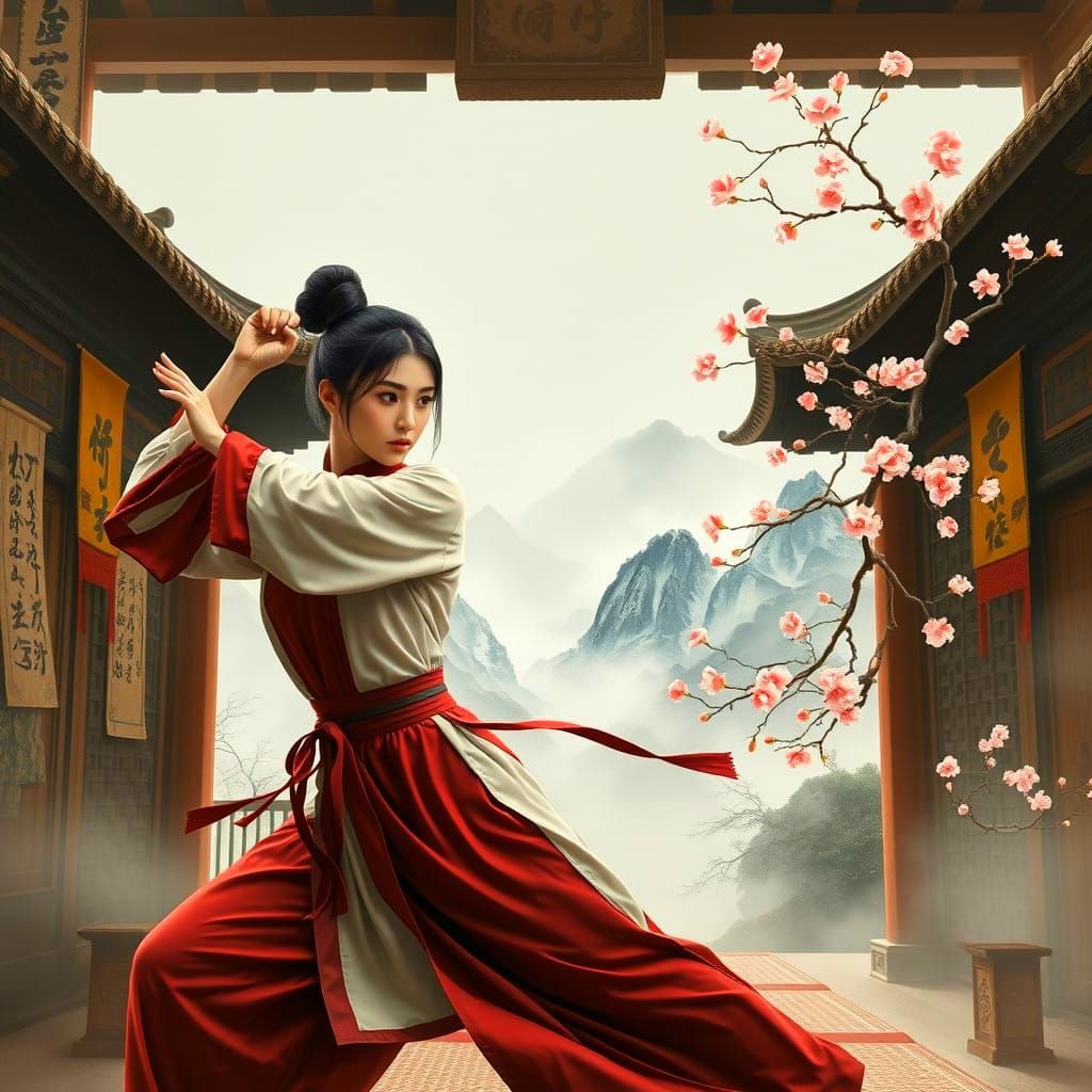 Serenely Focused Wing Chun Master in Traditional Asian Art S...