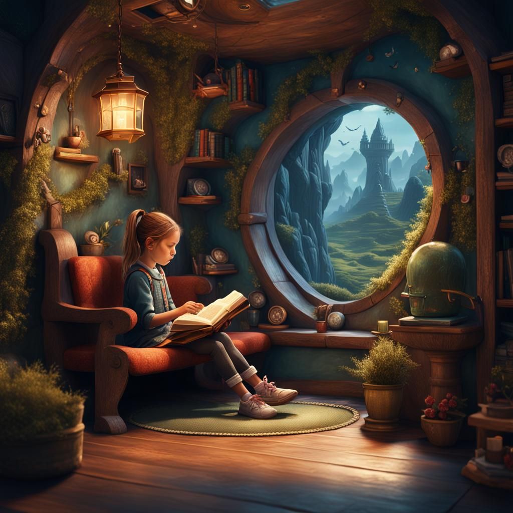 Little Girl in Reading Nook: Detailed Matte Painting